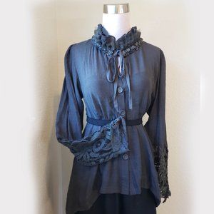 Vintage Noelle Black / Grey Blouse Victorian Long Sleeved Lace & Rose Trim Sz S/